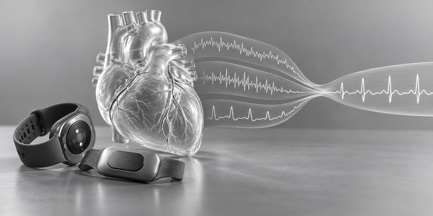 Biosignal Analysis Conceptual illustration of wearable sensors, a heart model, and physiological signal analysis